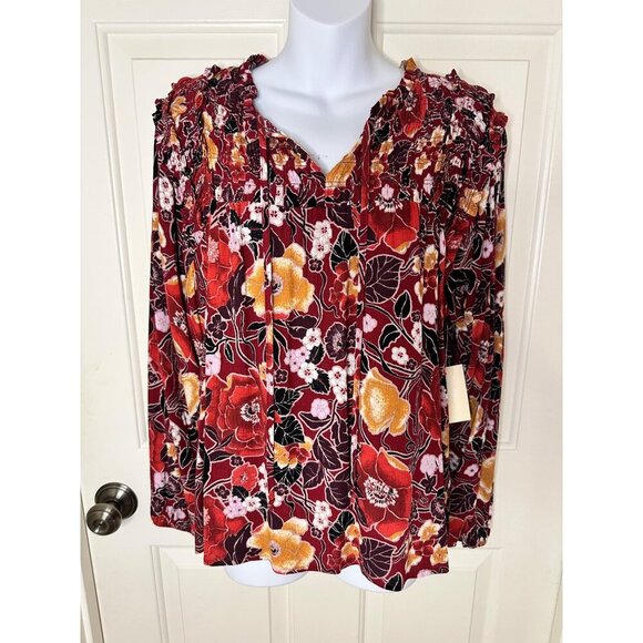 Floral Long Sleeve Blouse W Shirred Neckline & Tie Detail By Nurture Large NWT - Picture 2 of 12